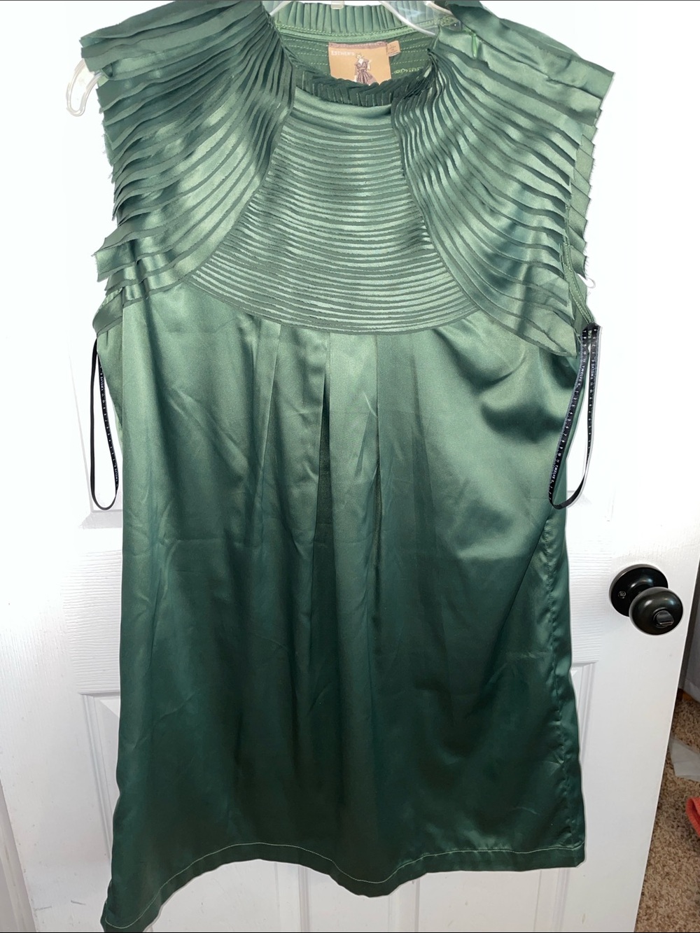 Satin Pleated Yoke Mini Dress in Deep Green